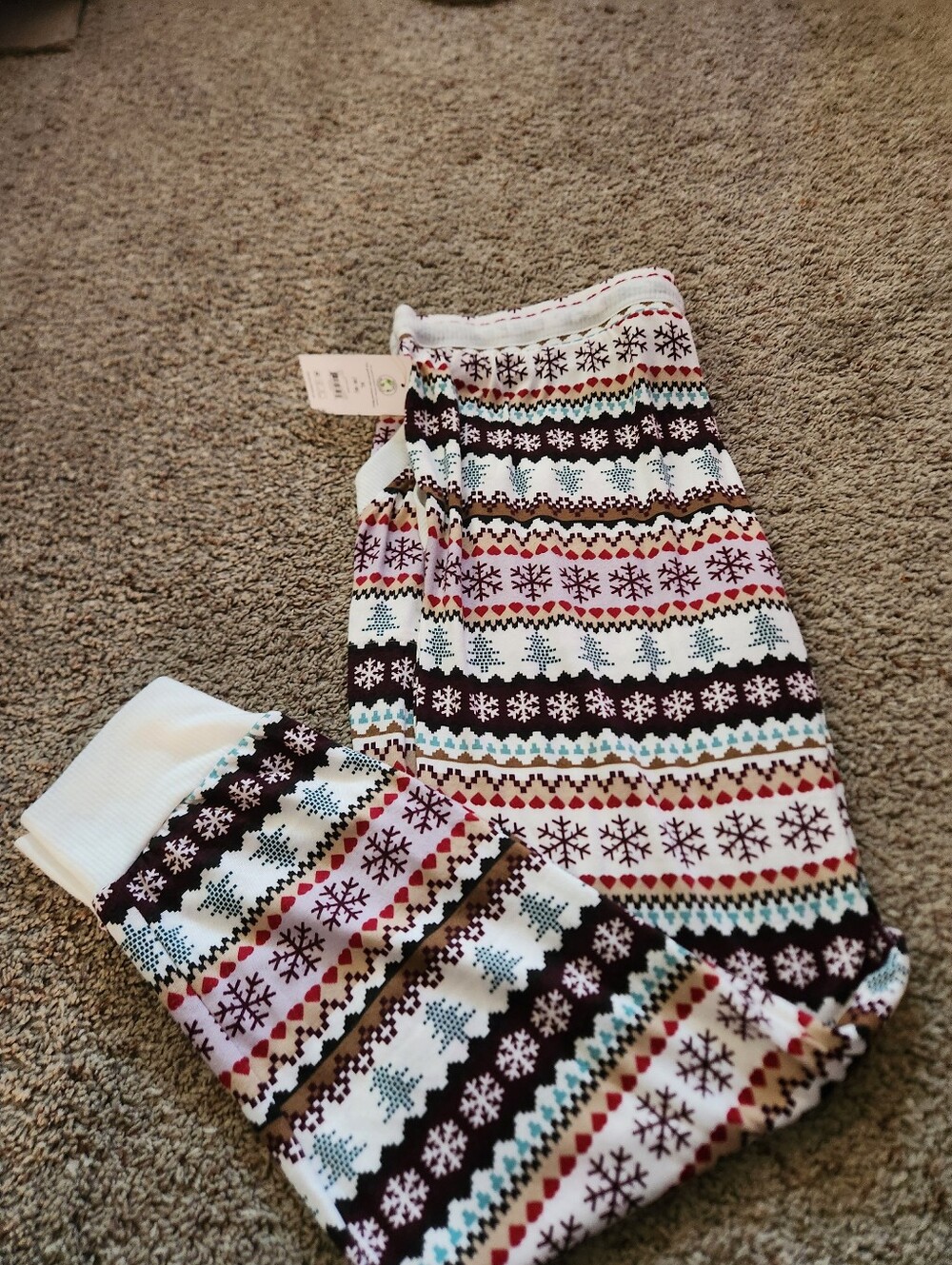 Women Pajama Pants with Cream & Brown Snowflake Print Cozy Winter Style Size XL